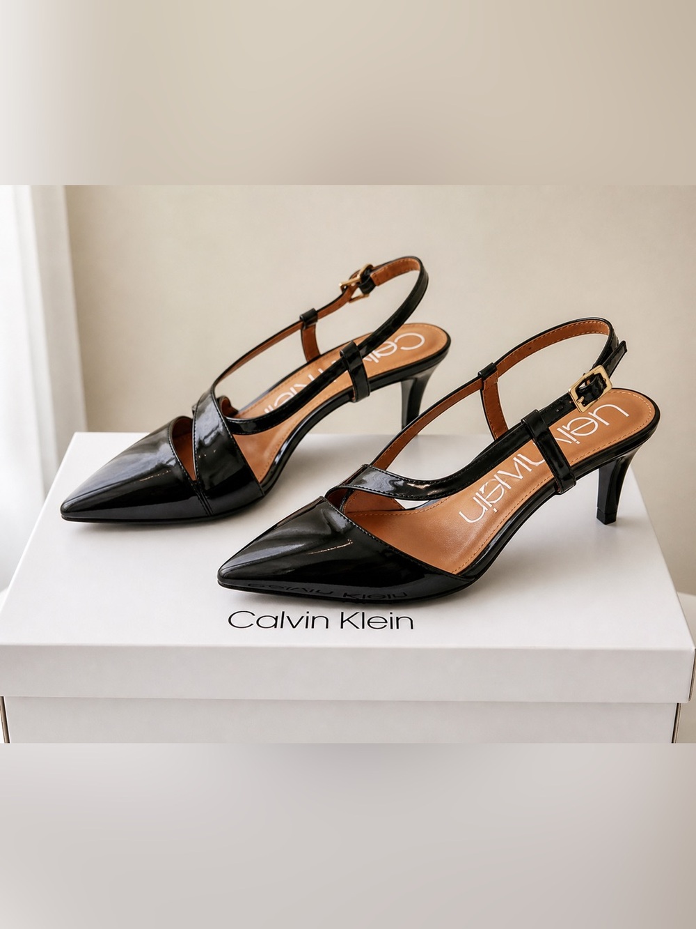 Calvin Klein Black Patent Slingback Pointed Toe Pumps